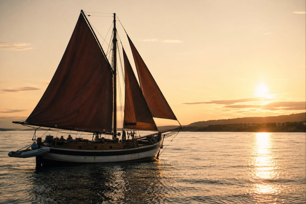 Golden evening light over the Oslofjord with a wooden sailing ship under way, no text, no logos, no people
