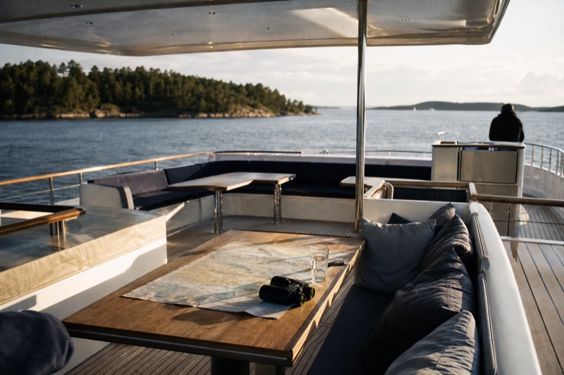 A private charter motor cruiser crossing the calm Oslofjord with the whole open deck empty and ready for a small group, forested islands and open water behind